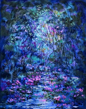 Paisajes Painting - árboles azules flores púrpuras decoración del jardín paisaje arte de la pared naturaleza paisaje